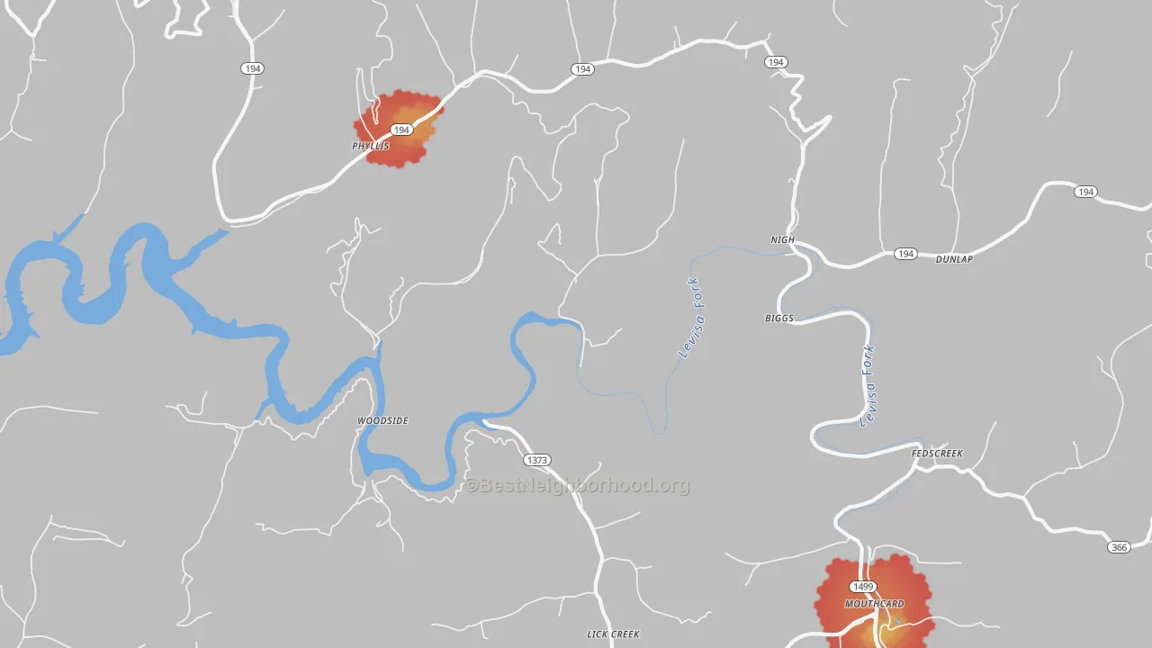 Walk Grade map of Fedscreek, KY, walkable areas in green and car-dependent areas in red
