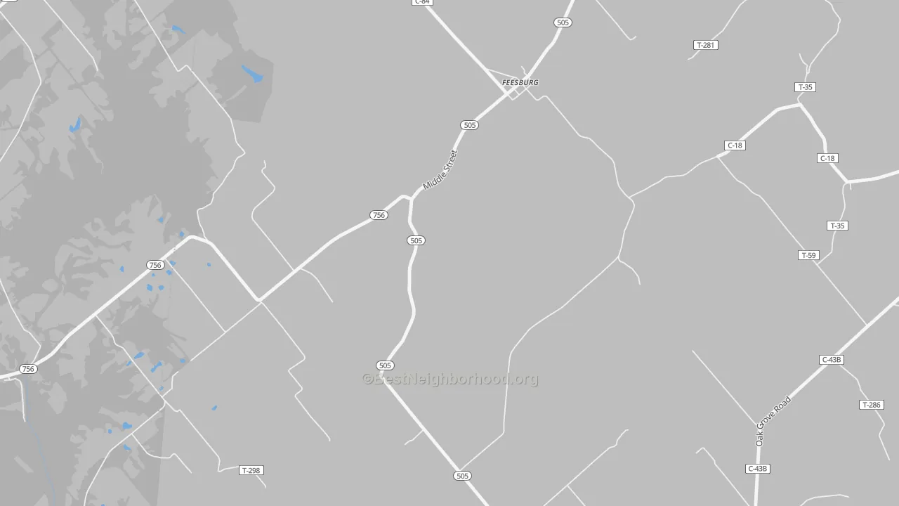 Walk Grade map of Feesburg, OH, walkable areas in green and car-dependent areas in red