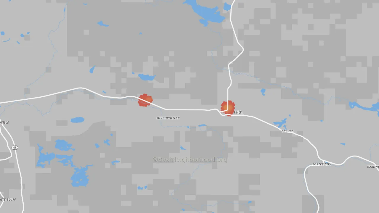 Walk Grade map of Felch, MI, walkable areas in green and car-dependent areas in red