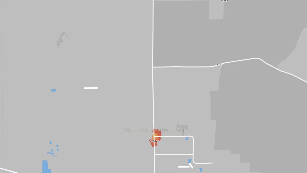 Walk Grade map of Felda, FL, walkable areas in green and car-dependent areas in red