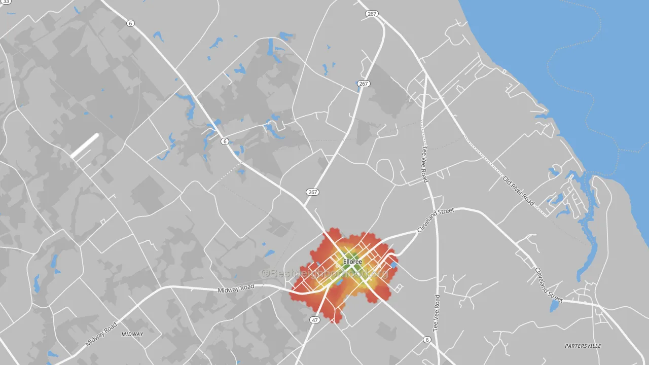 Walk Grade map of Felderville, SC, walkable areas in green and car-dependent areas in red