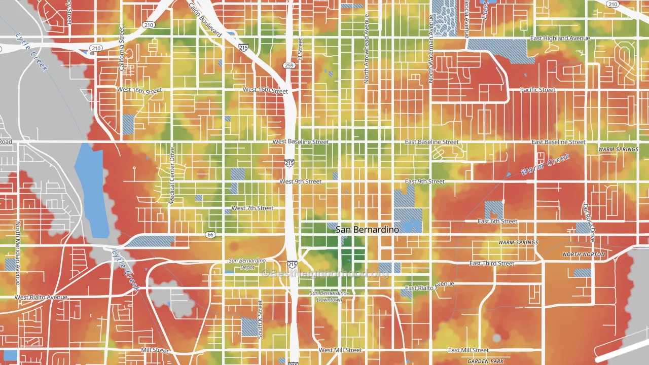 Walk Grade map of Feldheym, San Bernardino, CA, walkable areas in green and car-dependent areas in red