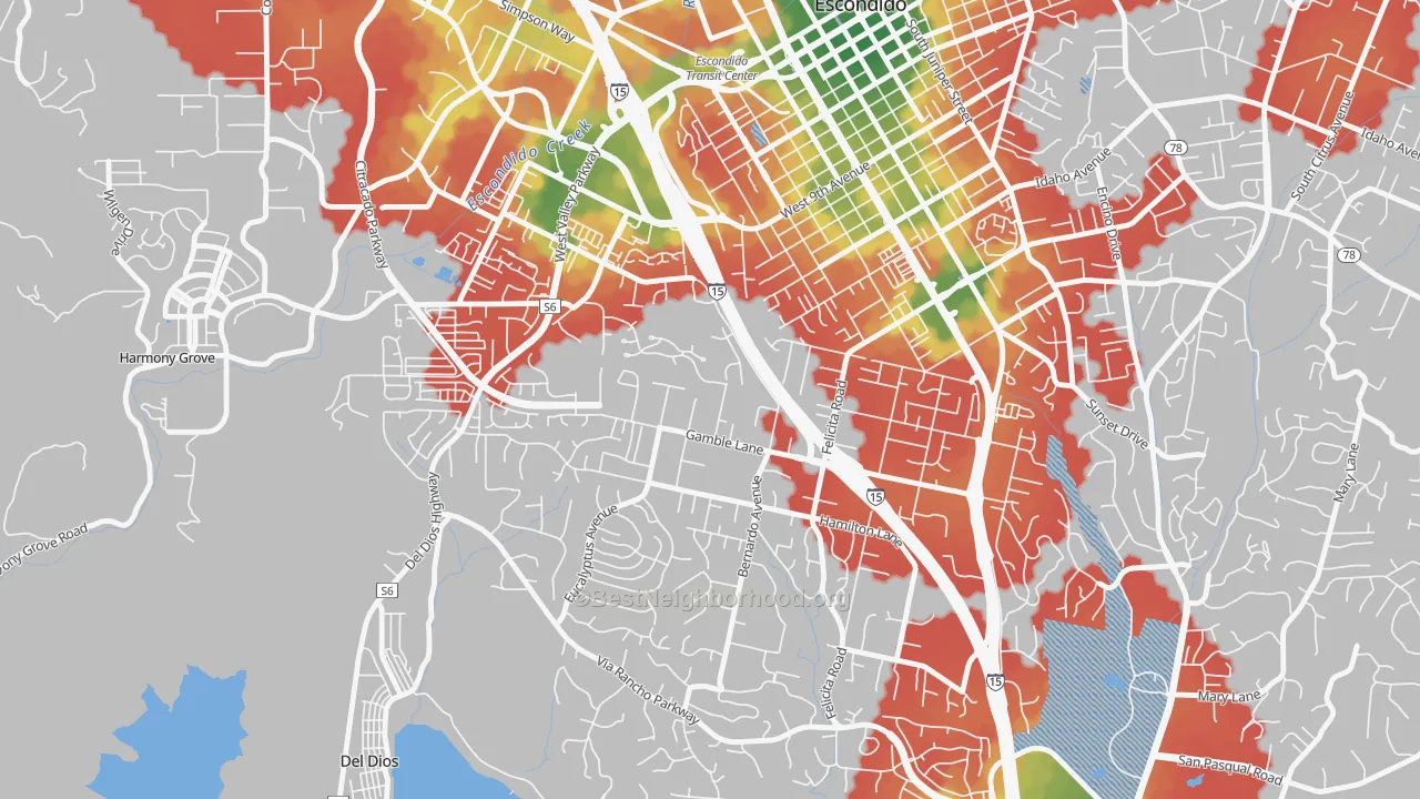 Walk Grade map of Felicita, Escondido, CA, walkable areas in green and car-dependent areas in red