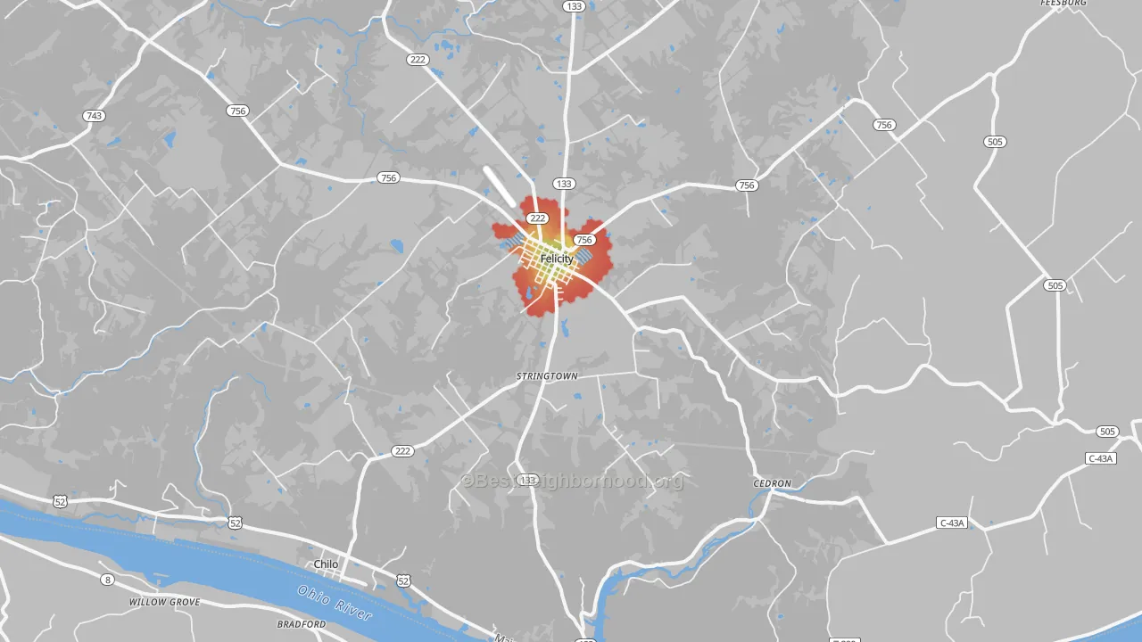 Walk Grade map of Felicity, OH, walkable areas in green and car-dependent areas in red
