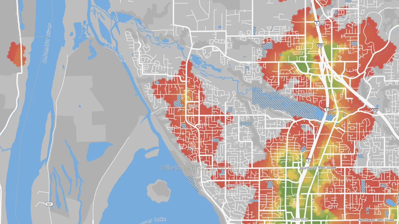 Walk Grade map of Felida-Starcrest, Vancouver, WA, walkable areas in green and car-dependent areas in red