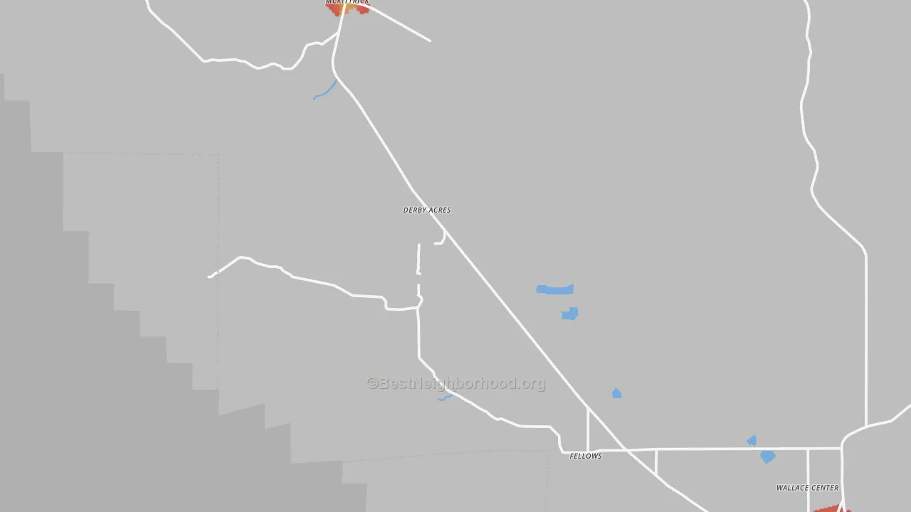 Walk Grade map of Fellows, CA, walkable areas in green and car-dependent areas in red