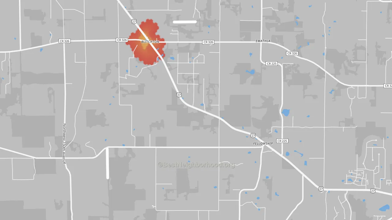 Walk Grade map of Fellowship, FL, walkable areas in green and car-dependent areas in red