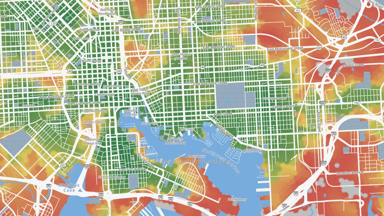 Walk Grade map of Fells Point, Baltimore, MD, walkable areas in green and car-dependent areas in red