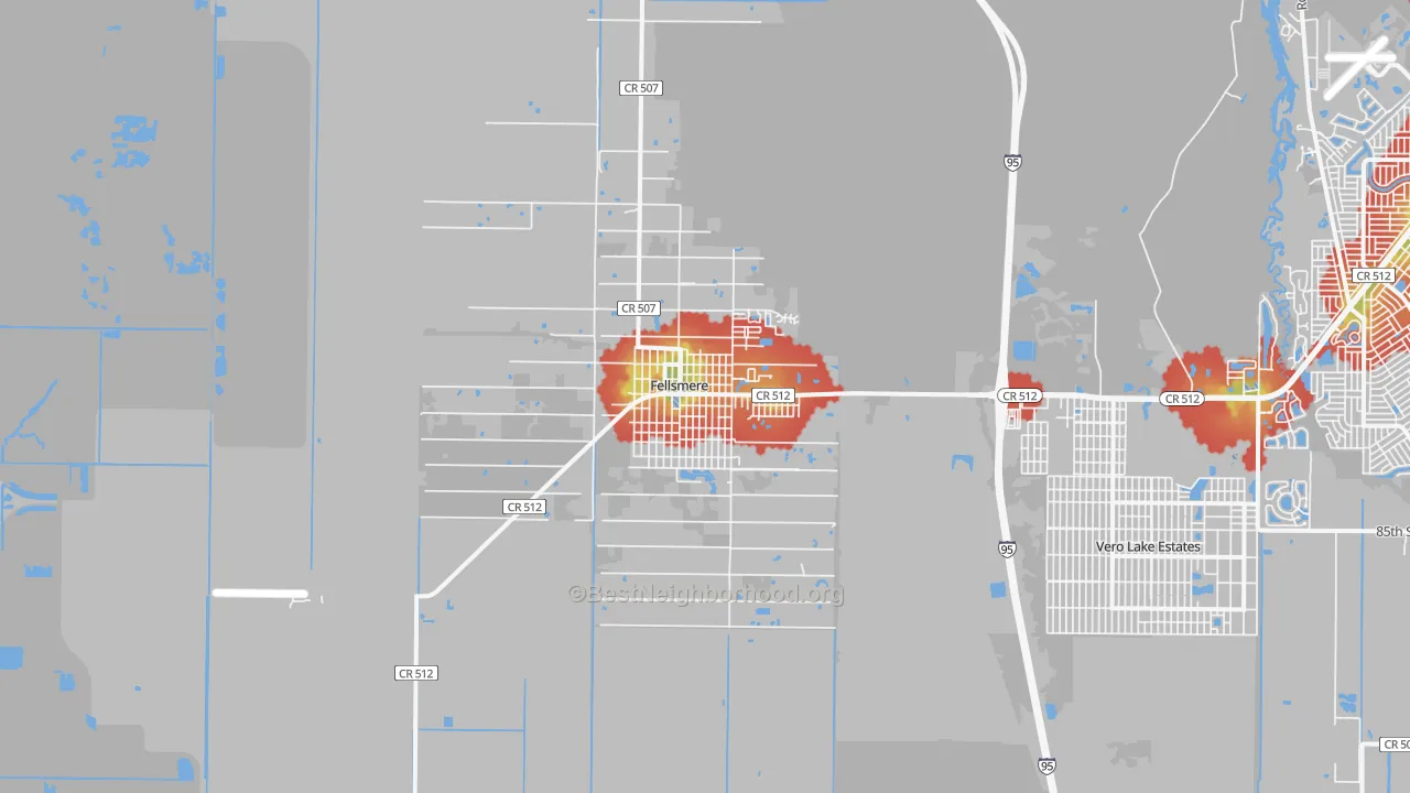 Walk Grade map of Fellsmere, FL, walkable areas in green and car-dependent areas in red