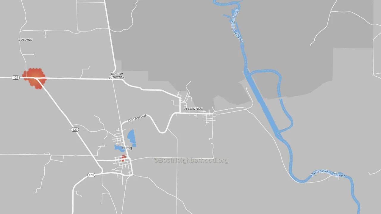 Walk Grade map of Felsenthal, AR, walkable areas in green and car-dependent areas in red