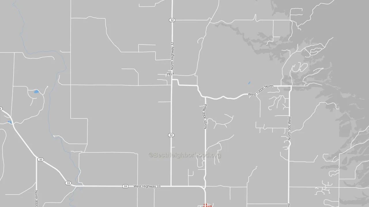 Walk Grade map of Felt, ID, walkable areas in green and car-dependent areas in red