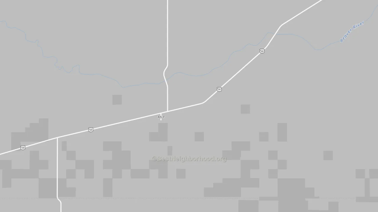 Walk Grade map of Felt, OK, walkable areas in green and car-dependent areas in red