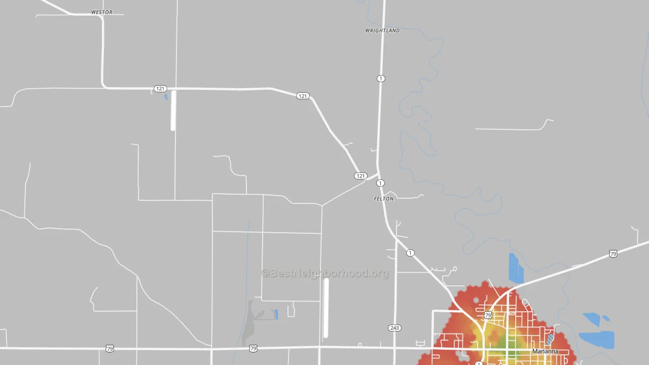 Walk Grade map of Felton, AR, walkable areas in green and car-dependent areas in red