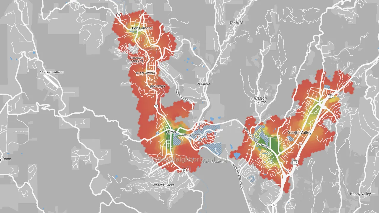 Walk Grade map of Felton, CA, walkable areas in green and car-dependent areas in red
