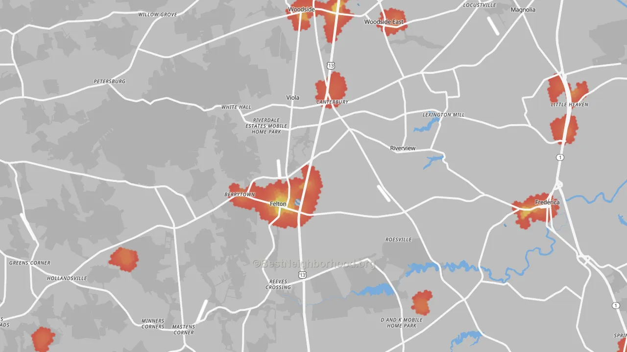 Walk Grade map of Felton, DE, walkable areas in green and car-dependent areas in red