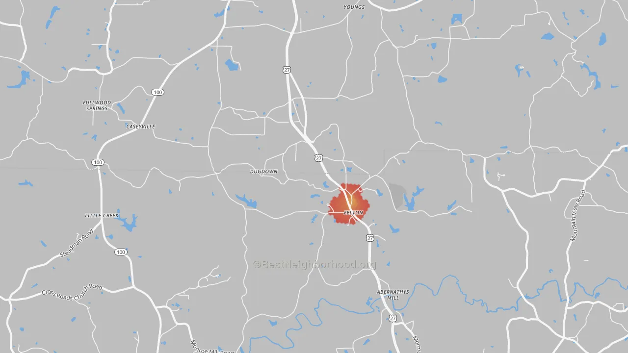 Walk Grade map of Felton, GA, walkable areas in green and car-dependent areas in red
