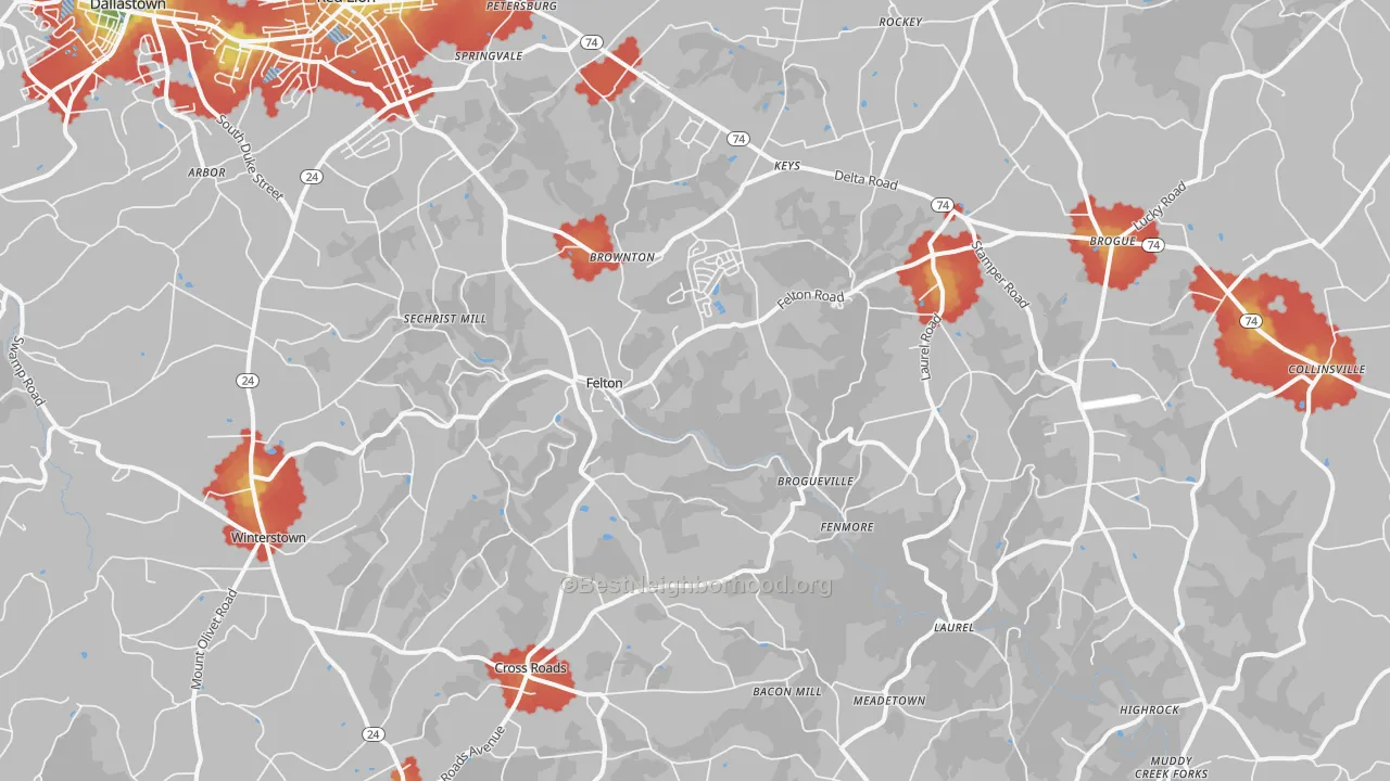 Walk Grade map of Felton, PA, walkable areas in green and car-dependent areas in red