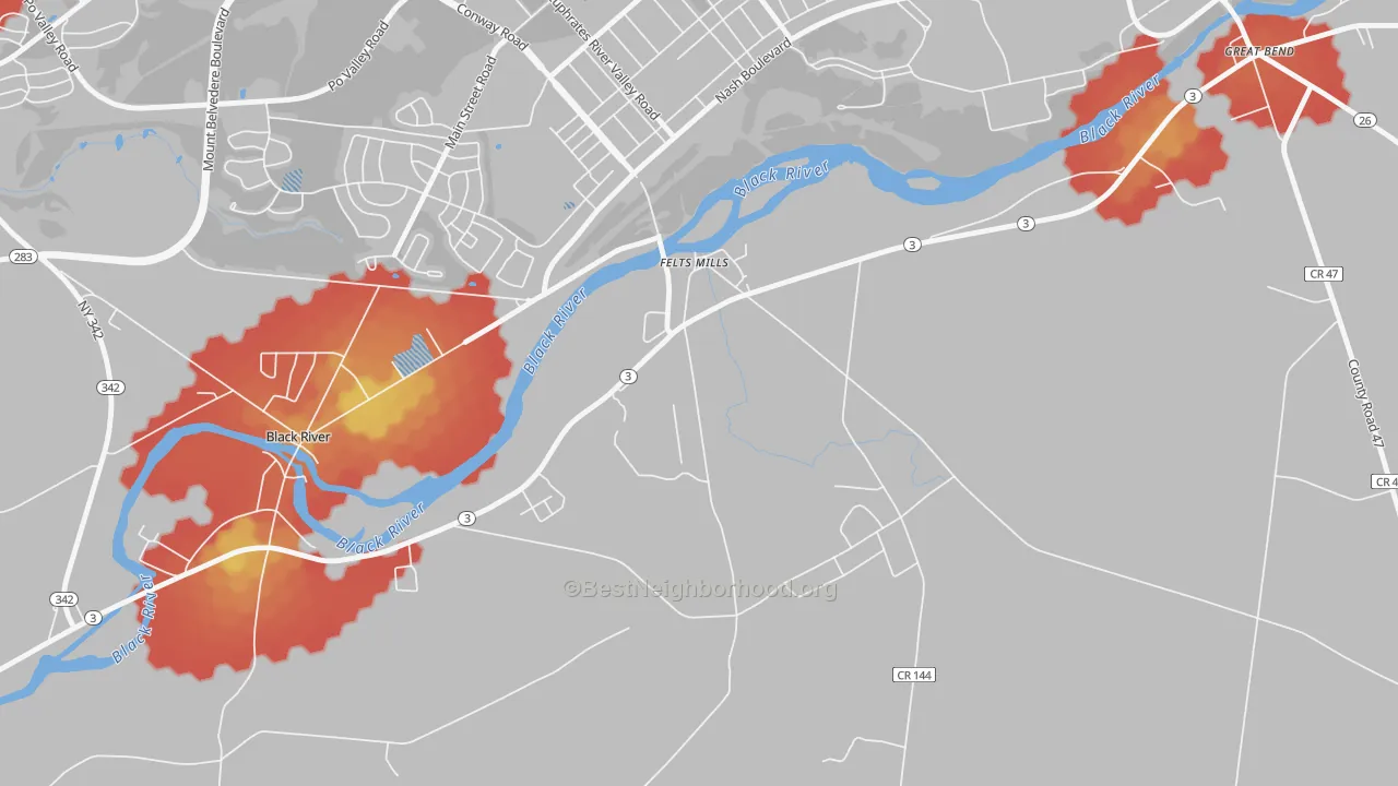 Walk Grade map of Felts Mills, NY, walkable areas in green and car-dependent areas in red