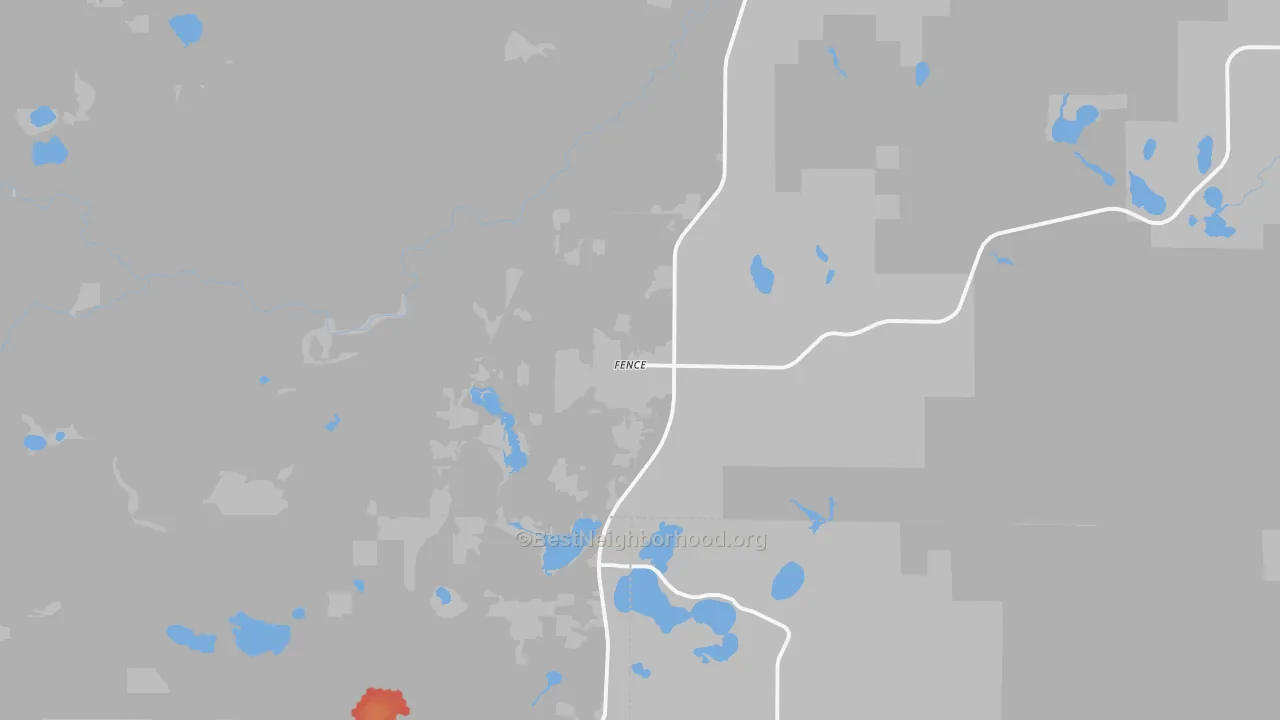 Walk Grade map of Fence, WI, walkable areas in green and car-dependent areas in red