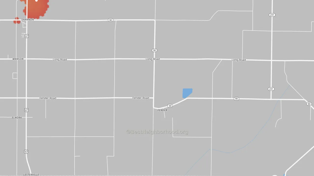 Walk Grade map of Fender, AR, walkable areas in green and car-dependent areas in red