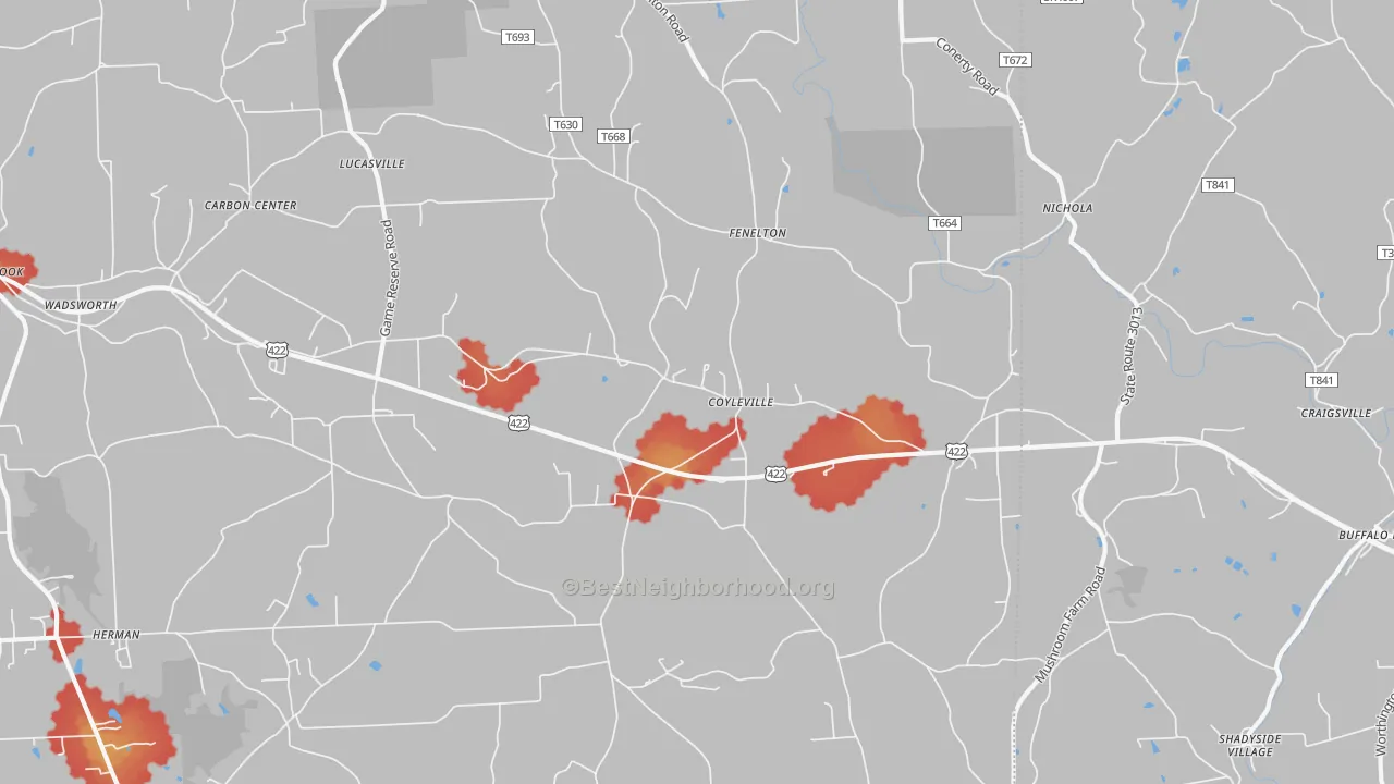 Walk Grade map of Fenelton, PA, walkable areas in green and car-dependent areas in red