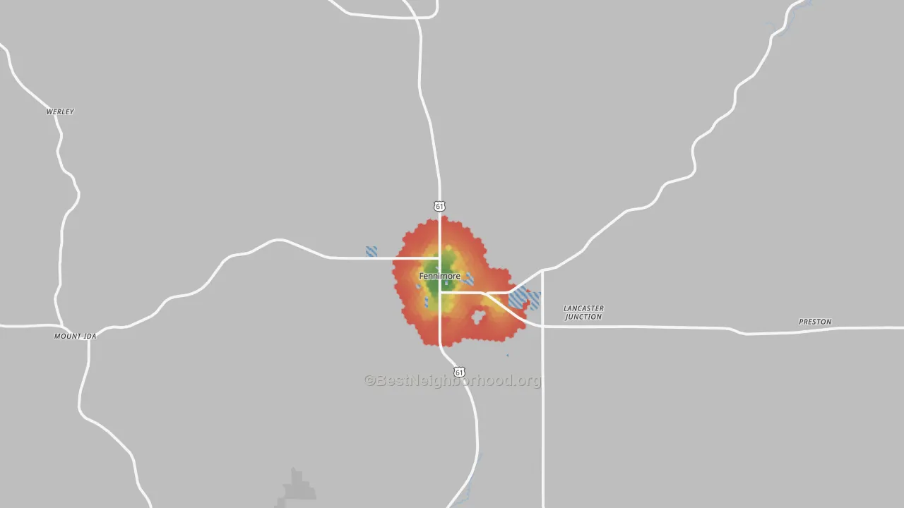 Walk Grade map of Fennimore, WI, walkable areas in green and car-dependent areas in red