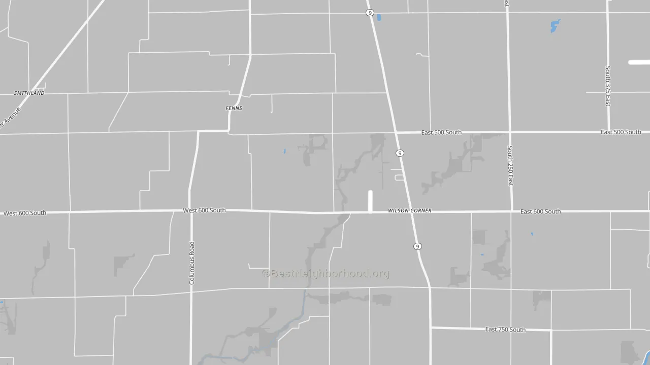 Walk Grade map of Fenns, IN, walkable areas in green and car-dependent areas in red