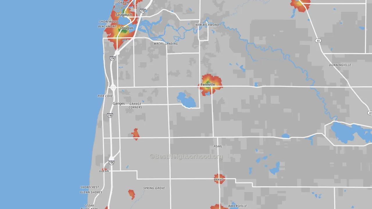 Walk Grade map of Fennville, MI, walkable areas in green and car-dependent areas in red