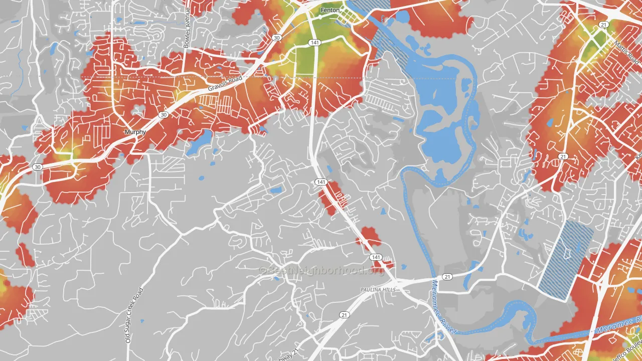 Walk Grade map of Fenton Area, Fenton, MO, walkable areas in green and car-dependent areas in red