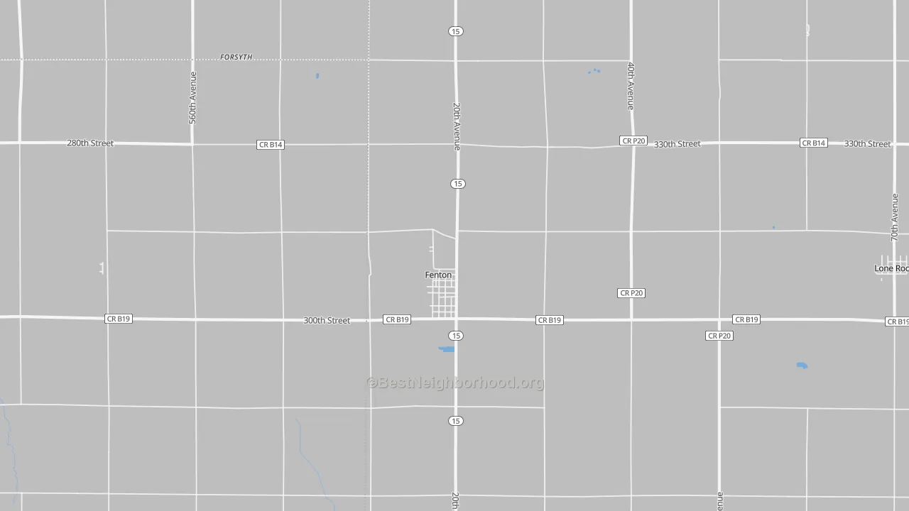 Walk Grade map of Fenton, IA, walkable areas in green and car-dependent areas in red