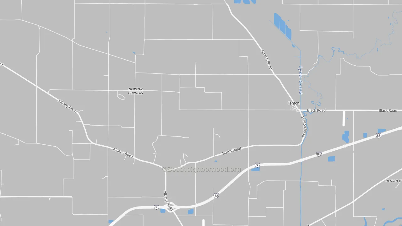 Walk Grade map of Fenton, IL, walkable areas in green and car-dependent areas in red
