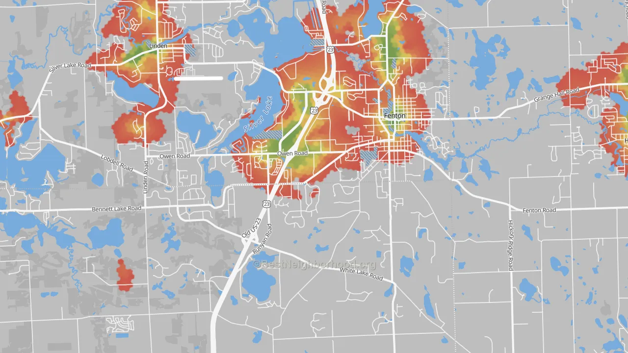 Walk Grade map of Fenton, MI, walkable areas in green and car-dependent areas in red