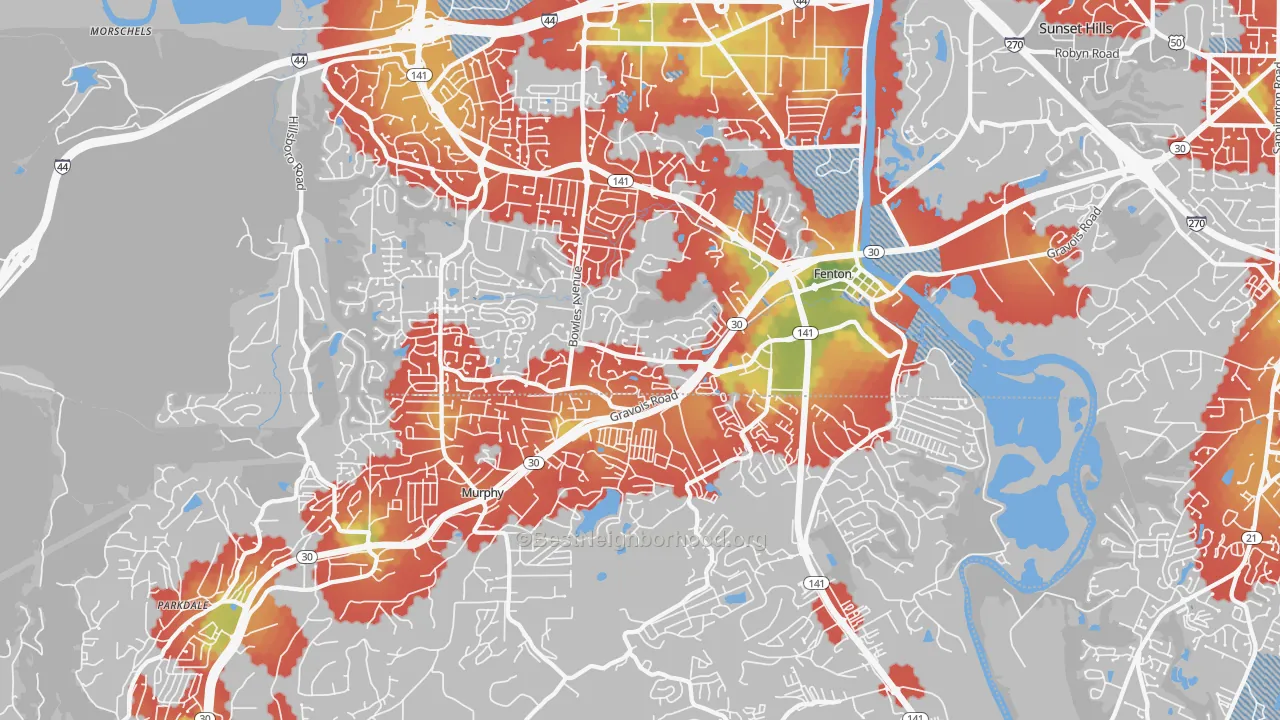Walk Grade map of Fenton, MO, walkable areas in green and car-dependent areas in red