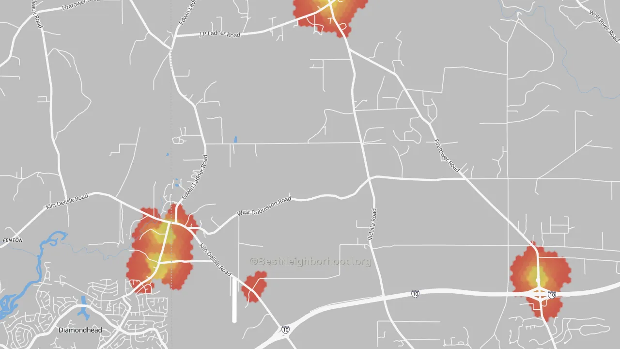Walk Grade map of Fenton, MS, walkable areas in green and car-dependent areas in red