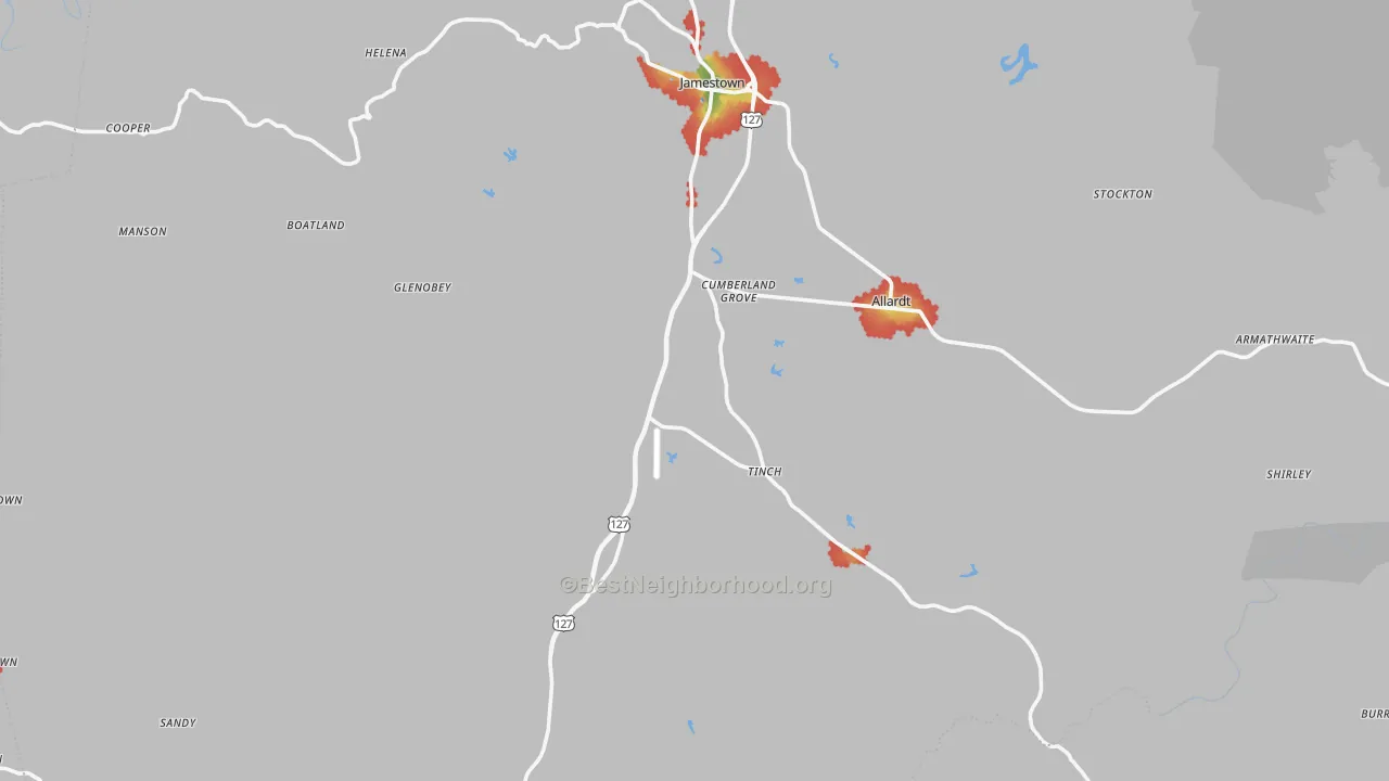 Walk Grade map of Fentress County, TN, walkable areas in green and car-dependent areas in red