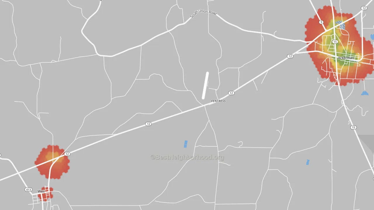 Walk Grade map of Fentress, MS, walkable areas in green and car-dependent areas in red