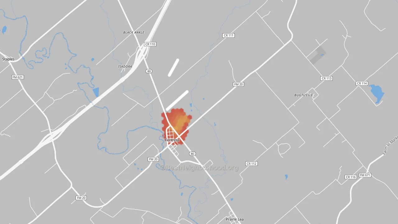 Walk Grade map of Fentress, TX, walkable areas in green and car-dependent areas in red