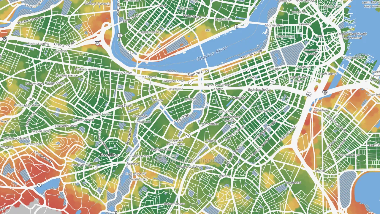 Walk Grade map of Fenway-Kenmore, Boston, MA, walkable areas in green and car-dependent areas in red