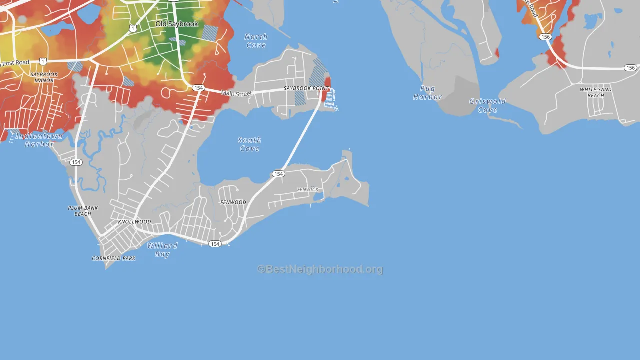 Walk Grade map of Fenwick, CT, walkable areas in green and car-dependent areas in red