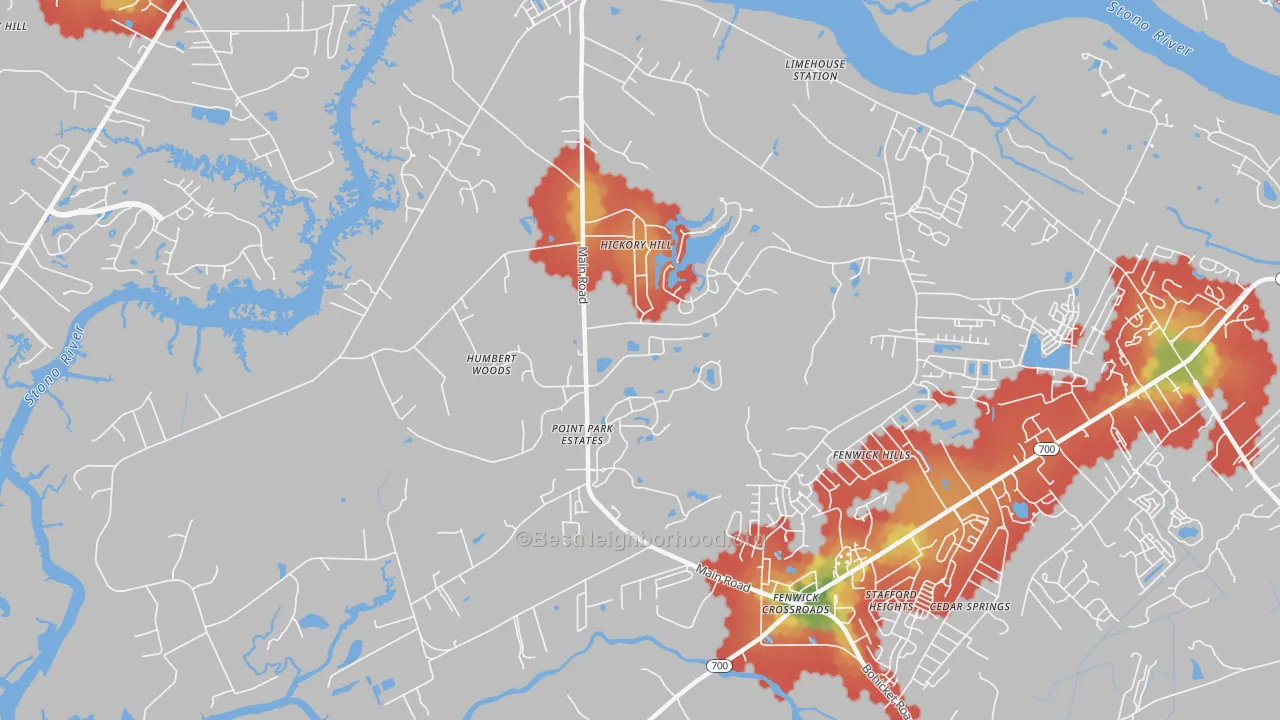 Walk Grade map of Fenwick Hills, SC, walkable areas in green and car-dependent areas in red