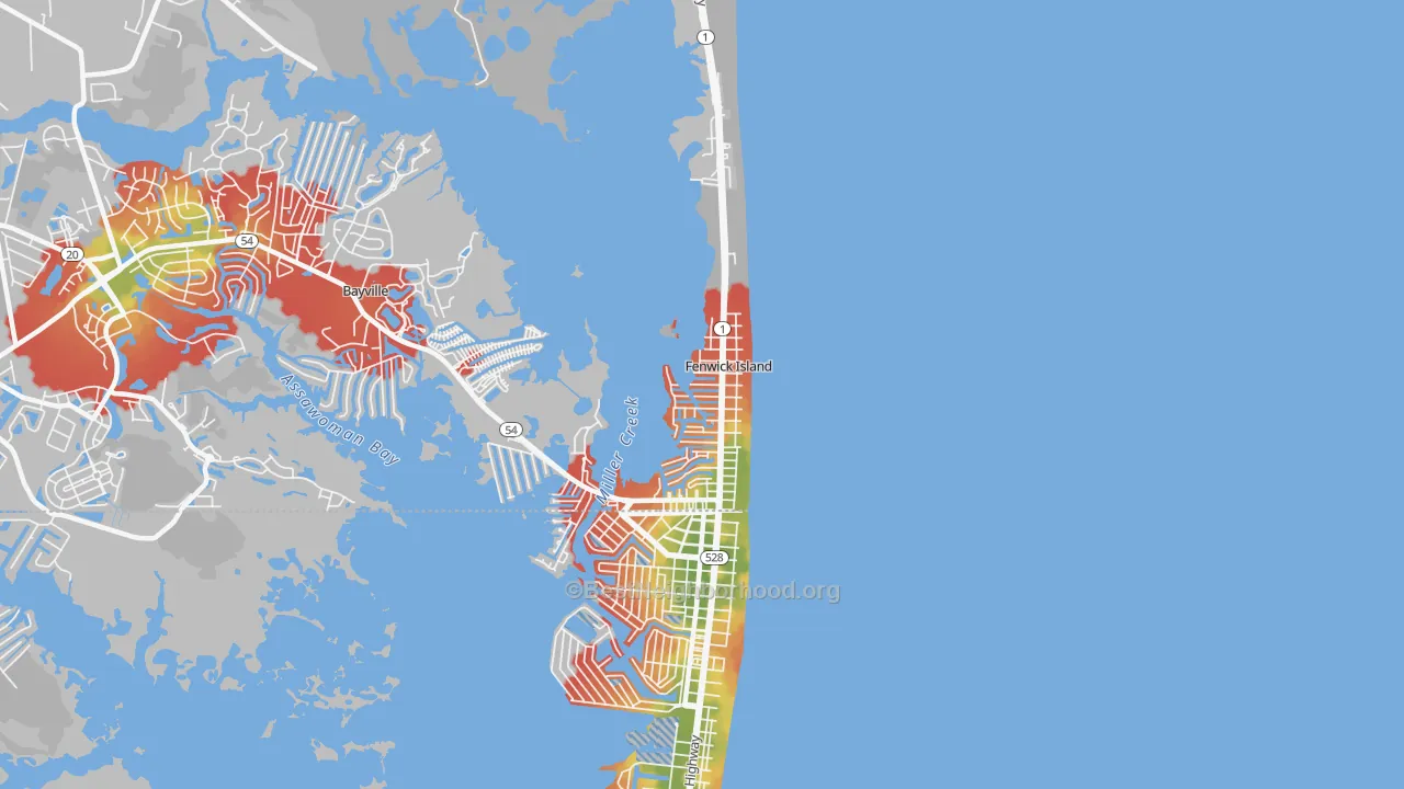 Walk Grade map of Fenwick Island, DE, walkable areas in green and car-dependent areas in red
