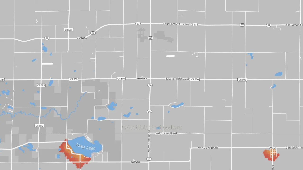 Walk Grade map of Fenwick, MI, walkable areas in green and car-dependent areas in red