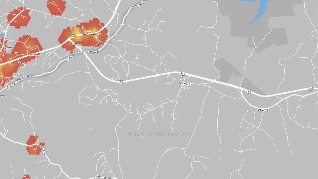Walk Grade map of Fenwick, MS, walkable areas in green and car-dependent areas in red