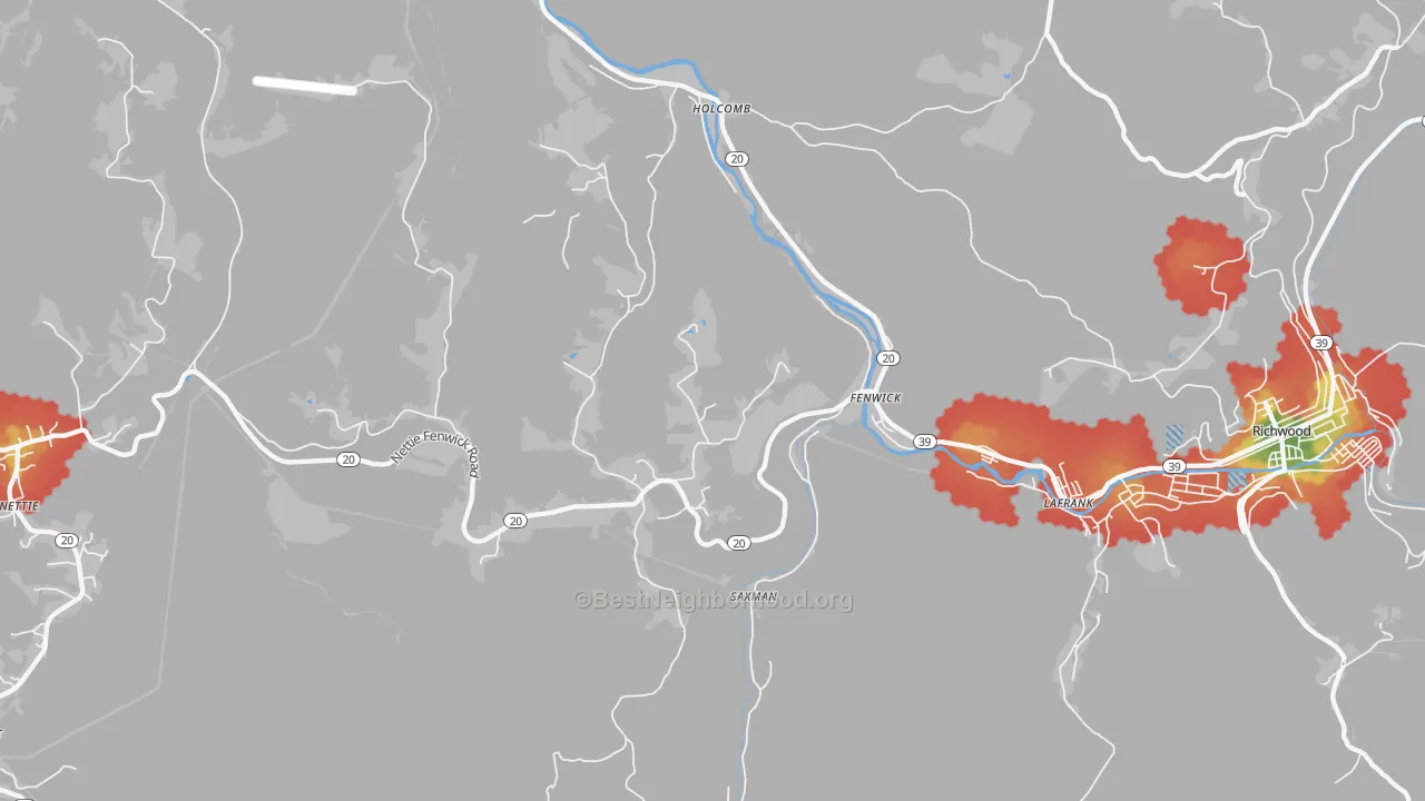 Walk Grade map of Fenwick, WV, walkable areas in green and car-dependent areas in red