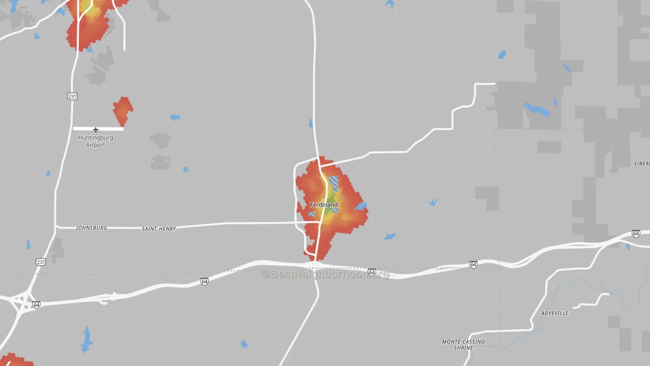 Walk Grade map of Ferdinand, IN, walkable areas in green and car-dependent areas in red