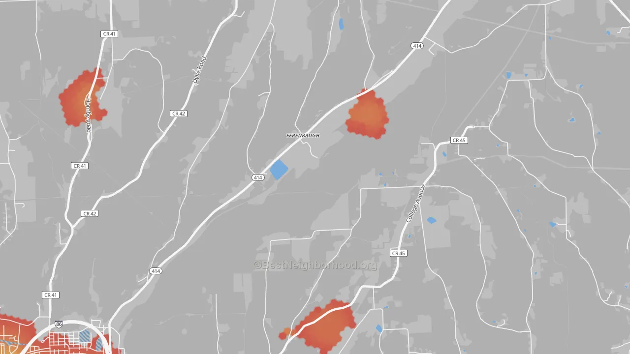 Walk Grade map of Ferenbaugh, NY, walkable areas in green and car-dependent areas in red