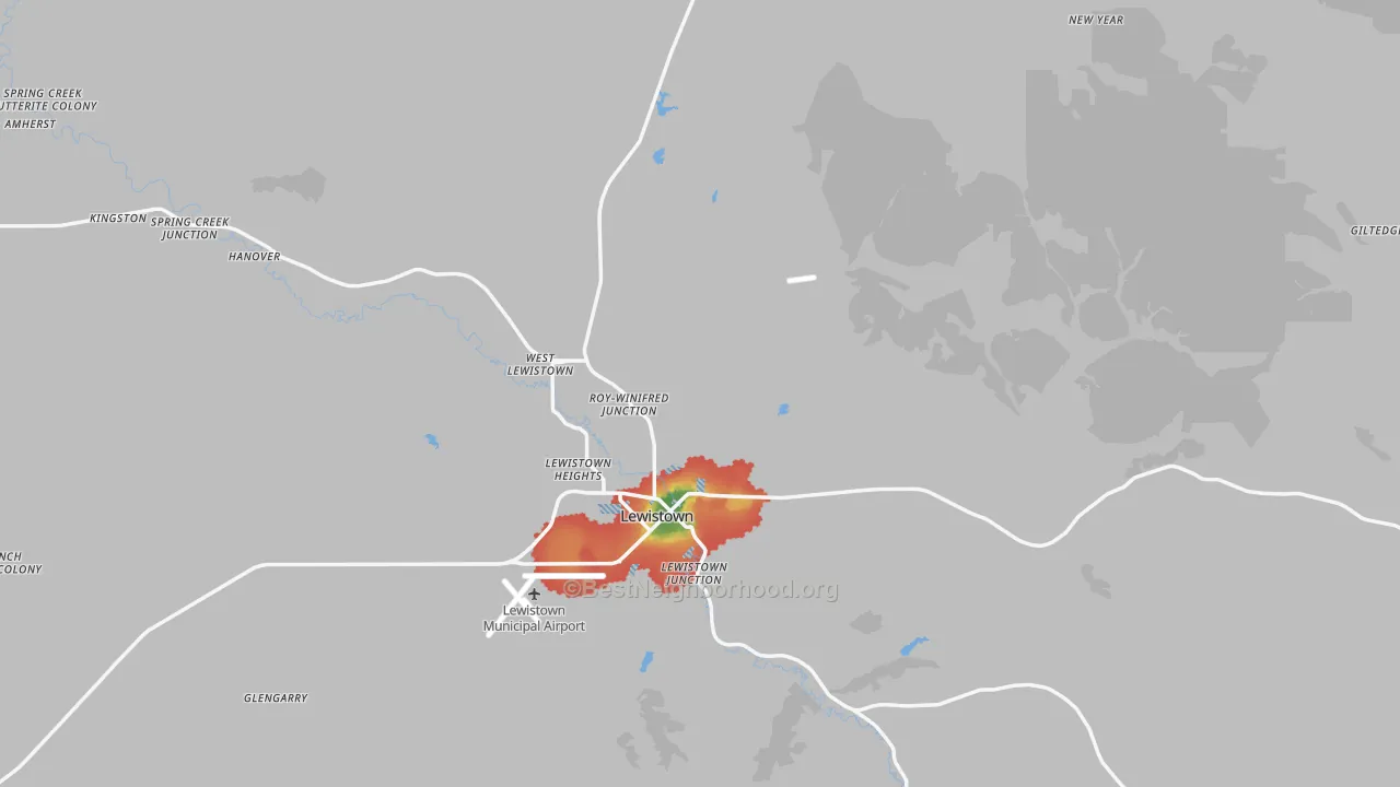 Walk Grade map of Fergus County, MT, walkable areas in green and car-dependent areas in red