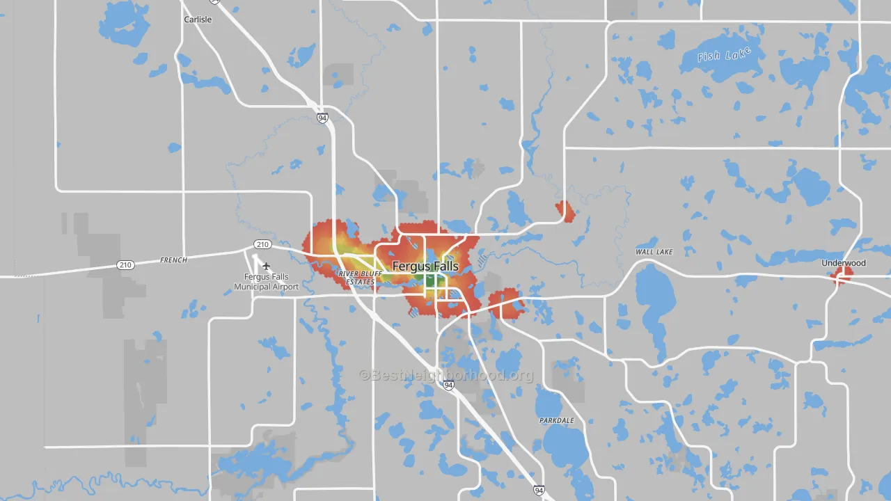 Walk Grade map of Fergus Falls, MN, walkable areas in green and car-dependent areas in red