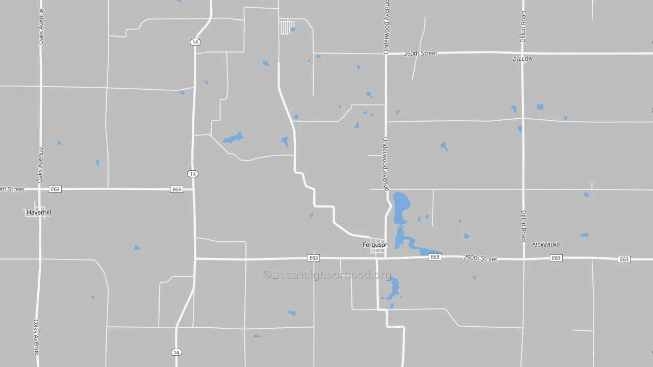 Walk Grade map of Ferguson, IA, walkable areas in green and car-dependent areas in red