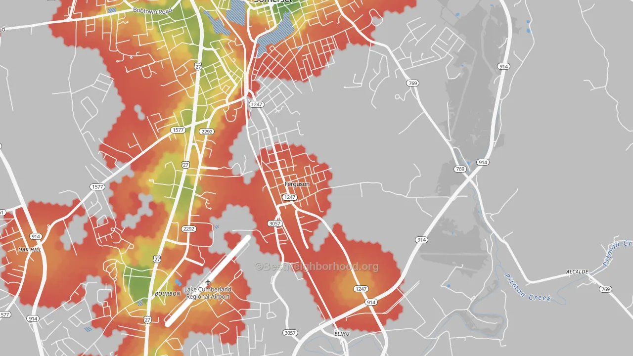 Walk Grade map of Ferguson, KY, walkable areas in green and car-dependent areas in red